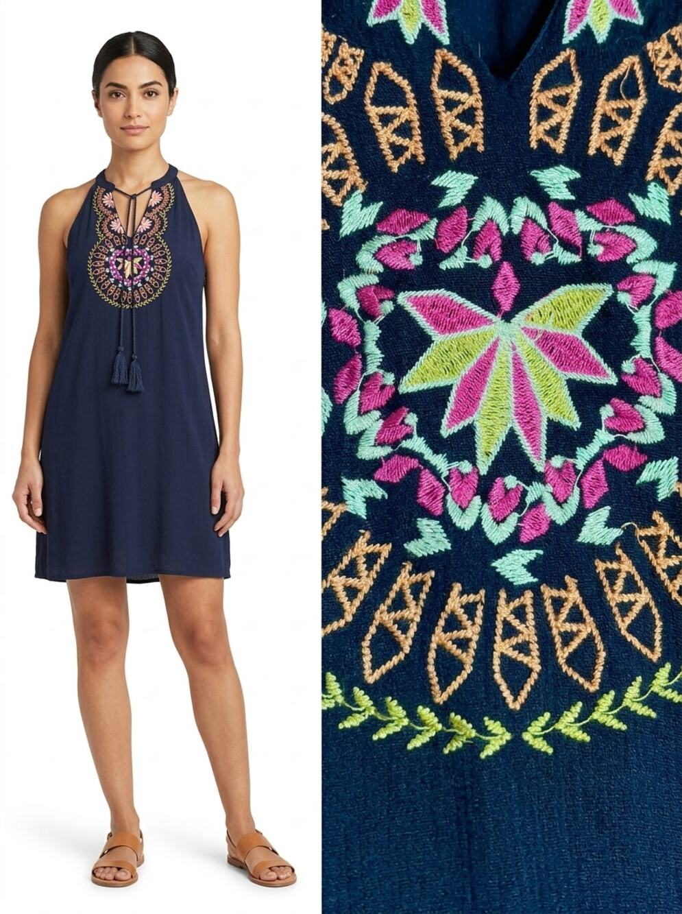 Thml Navy Blue Embroidered Halter Neck Tassel Shift Dress Women Size SP